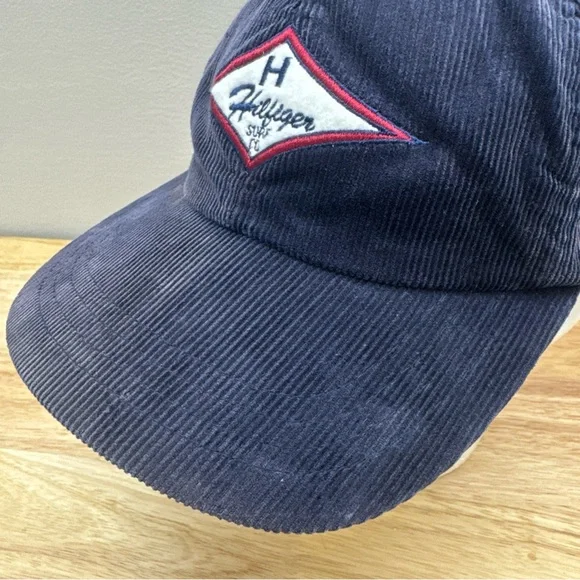 Vintage Tommy Hilfiger Surf Blue Corduroy Hat Embroidered Logo Leather Strapback - Picture 4 of 16